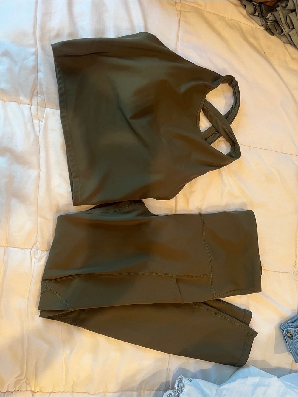 Mono B Olive Green Crisscross Crop Top & High-Waist Leggings